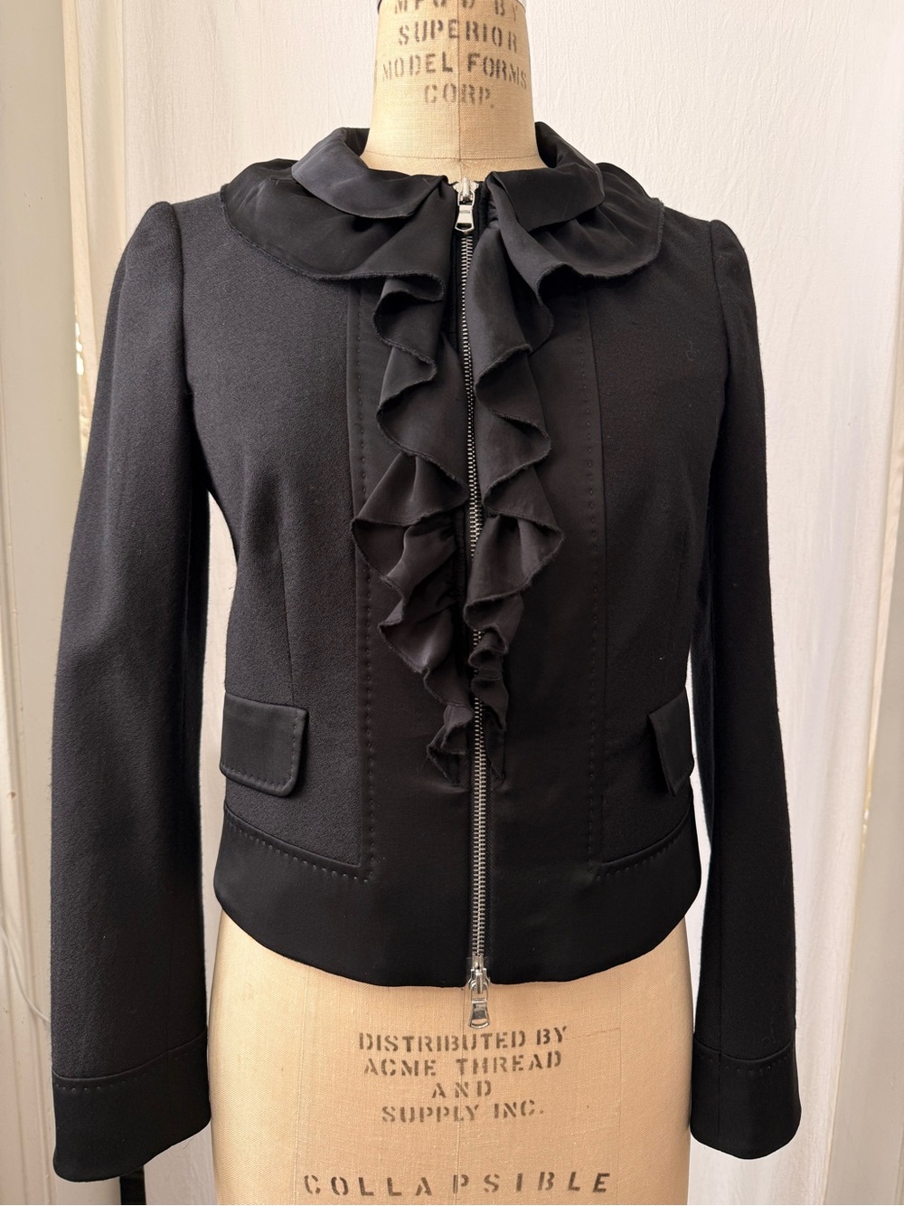 Vintage Moschino, Wool Crop Jacket with Silk Ruffle and Trim